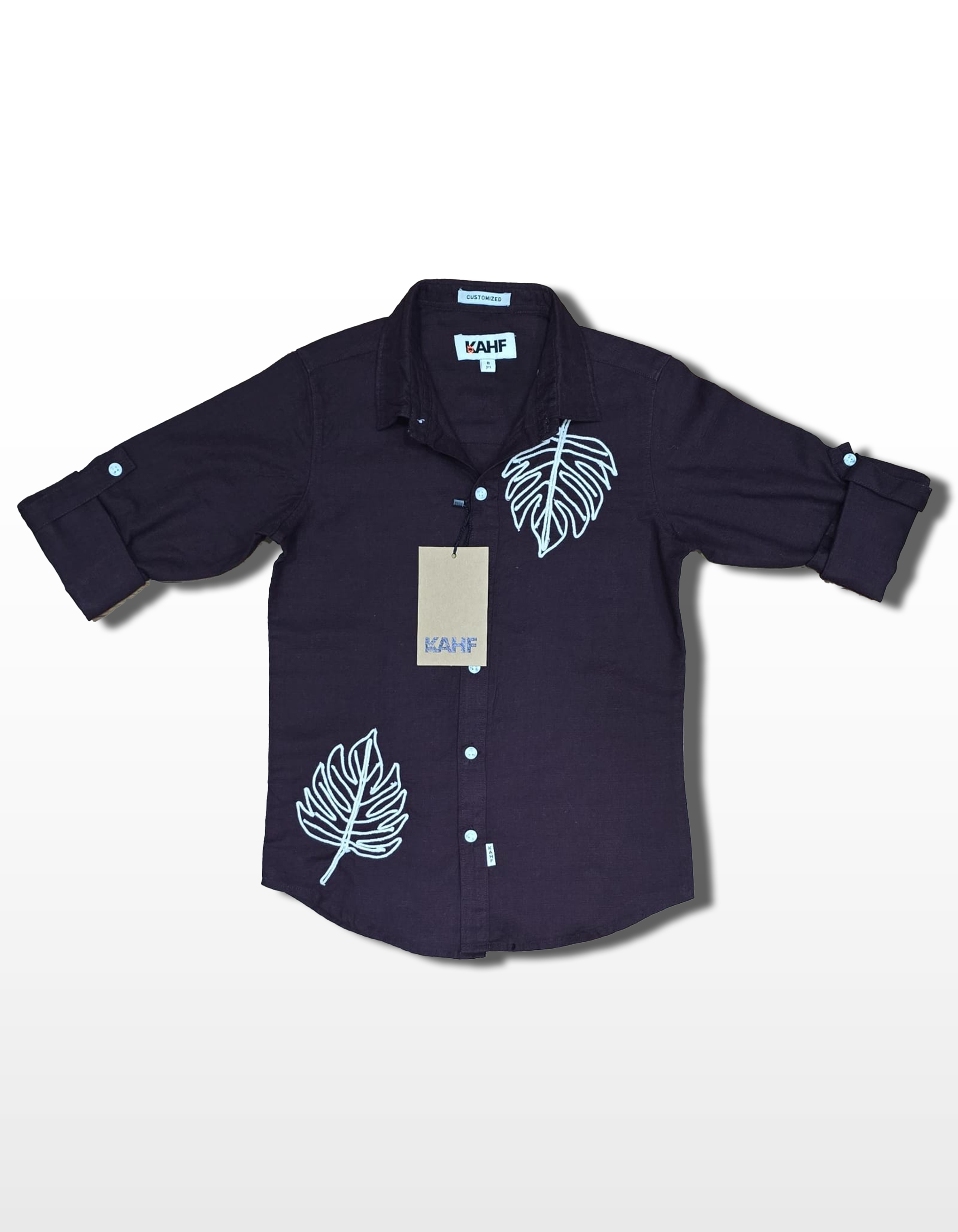 Tropical Leaf Embroided Shirt - Navy Blue